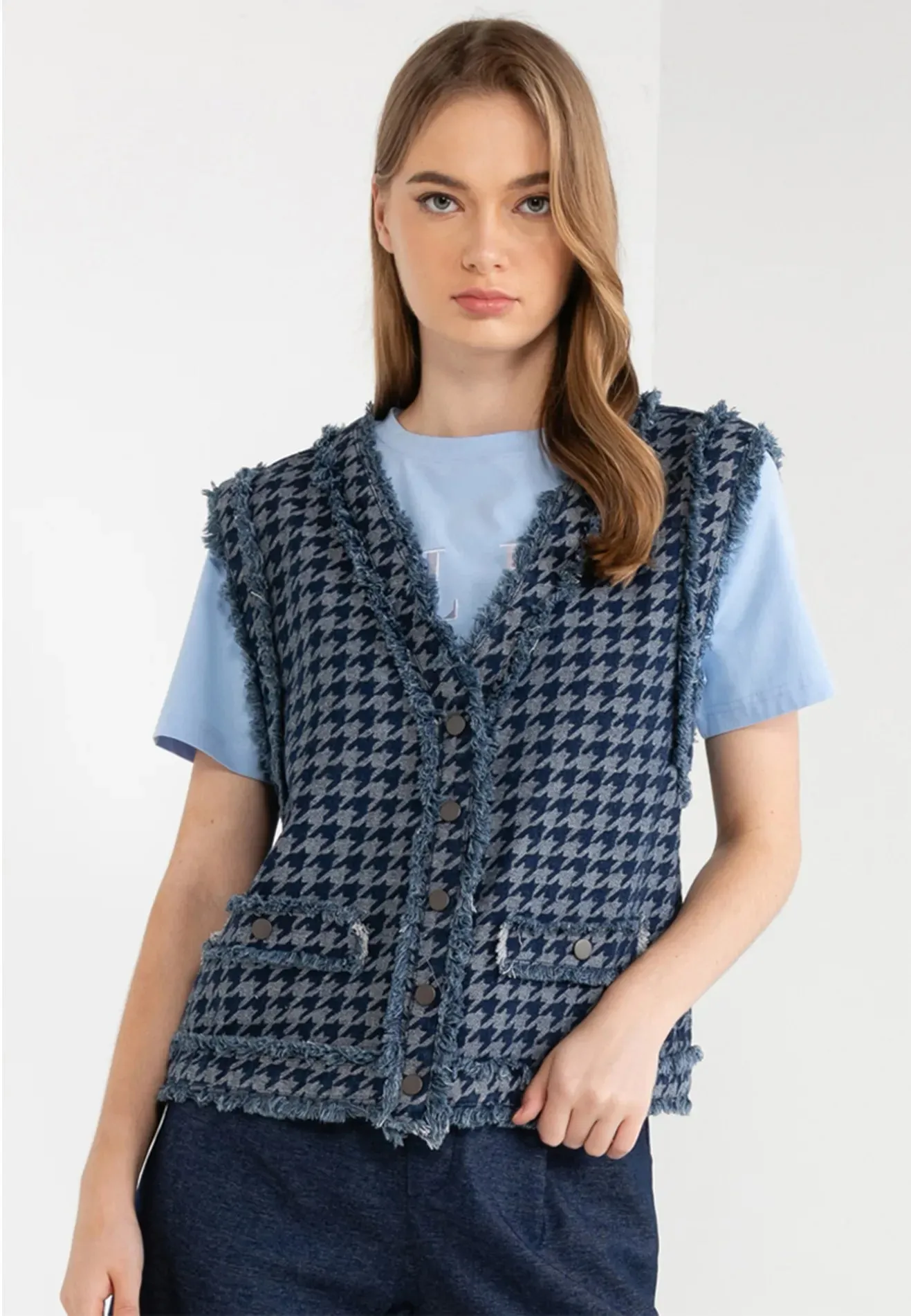 Houndstooth Ripped Fringe Denim Vest