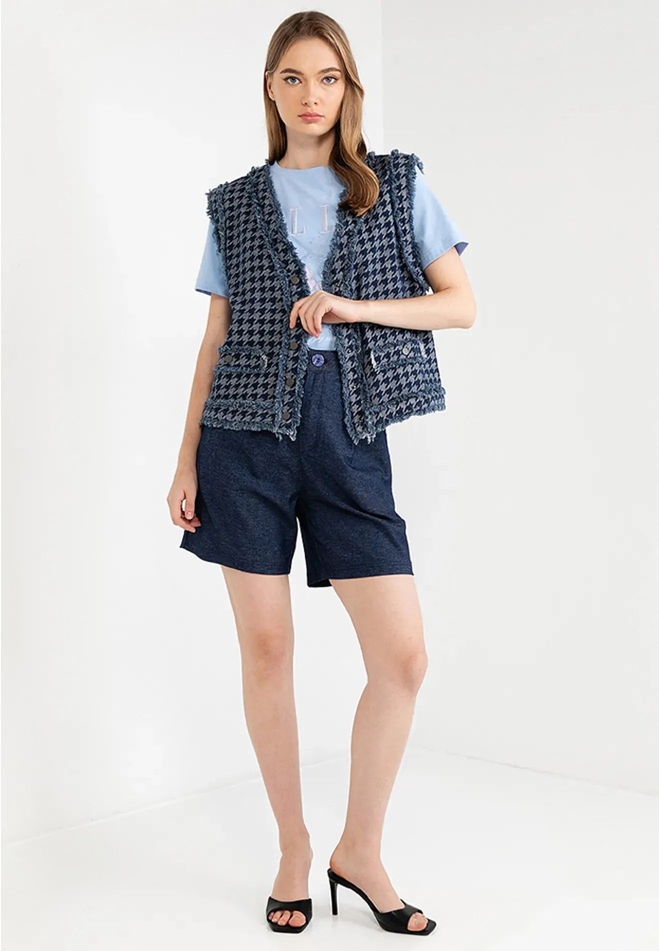 Houndstooth Ripped Fringe Denim Vest