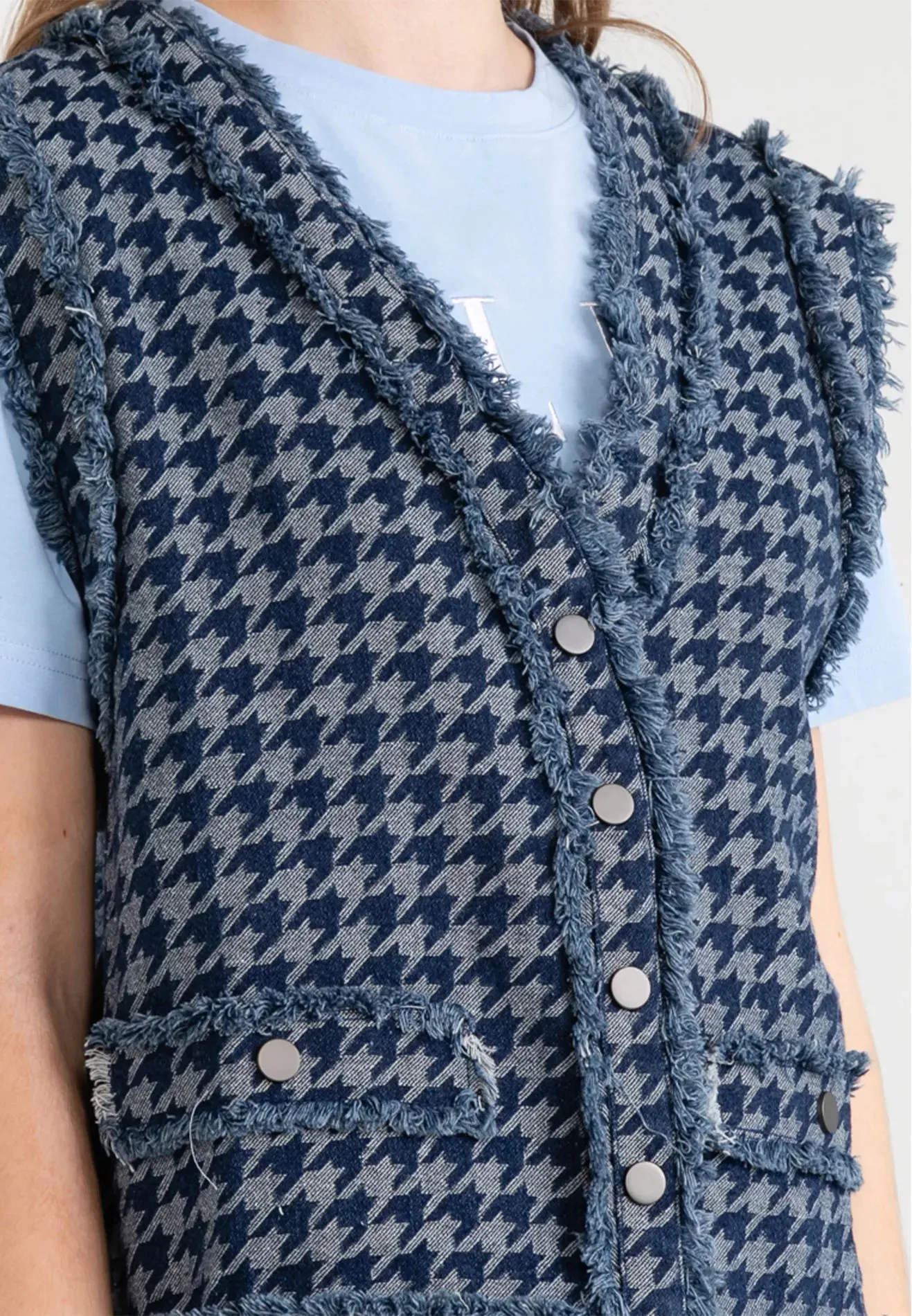 Houndstooth Ripped Fringe Denim Vest