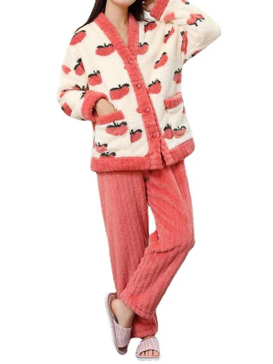 Warm and Cozy Fruit Fashion Fleece Pajama Set Ensemble for Women