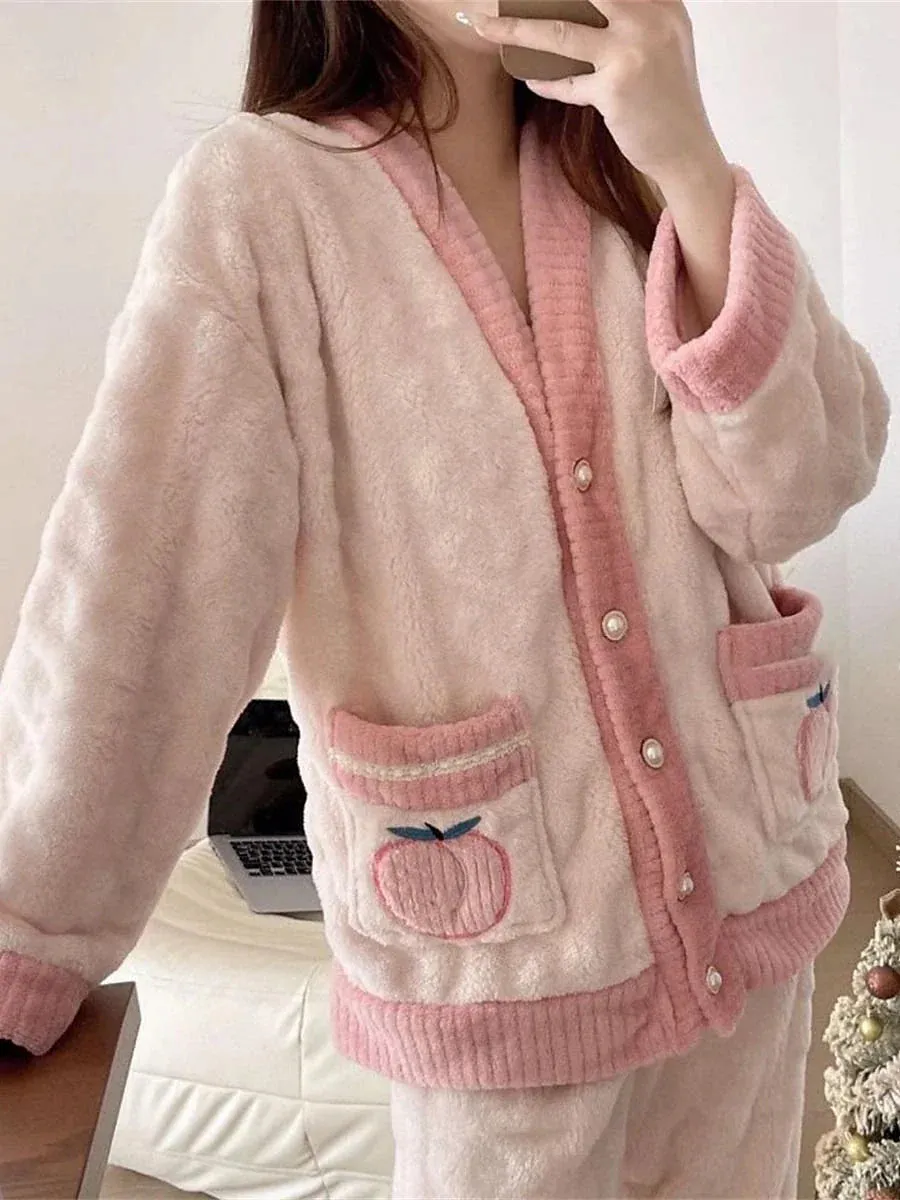 Warm and Cozy Fruit Fashion Fleece Pajama Set Ensemble for Women