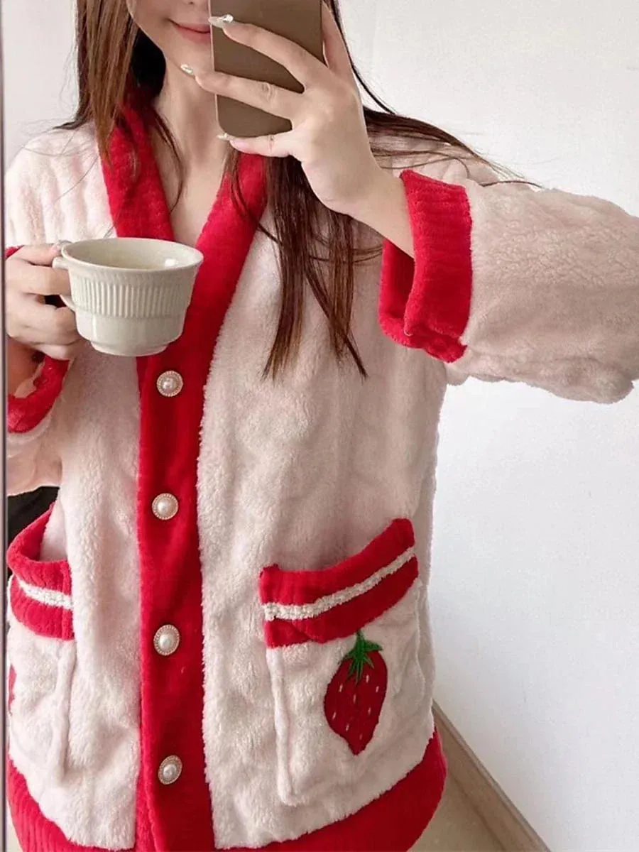 Warm and Cozy Fruit Fashion Fleece Pajama Set Ensemble for Women