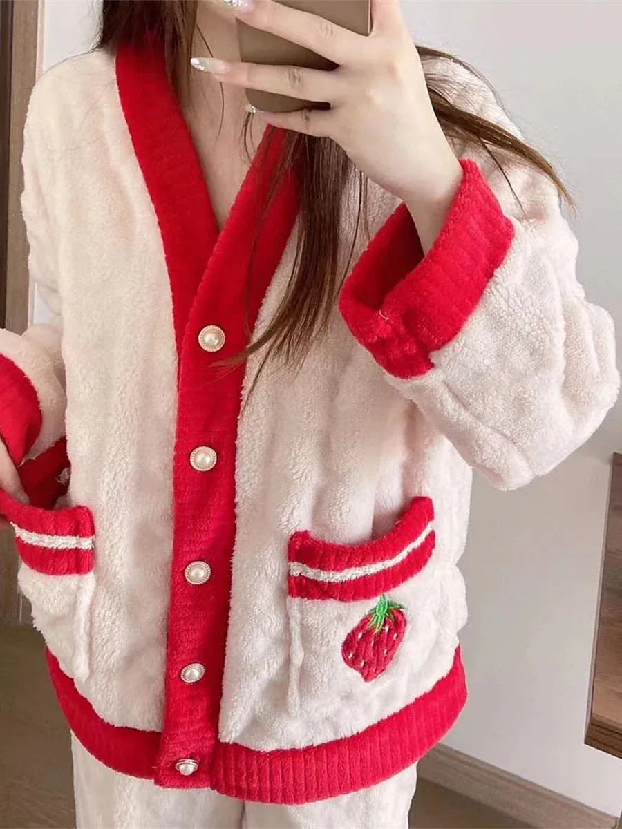 Warm and Cozy Fruit Fashion Fleece Pajama Set Ensemble for Women