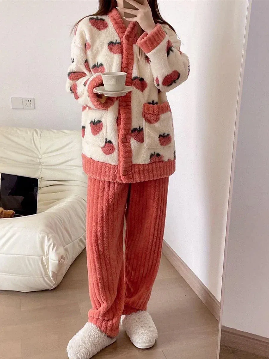 Warm and Cozy Fruit Fashion Fleece Pajama Set Ensemble for Women