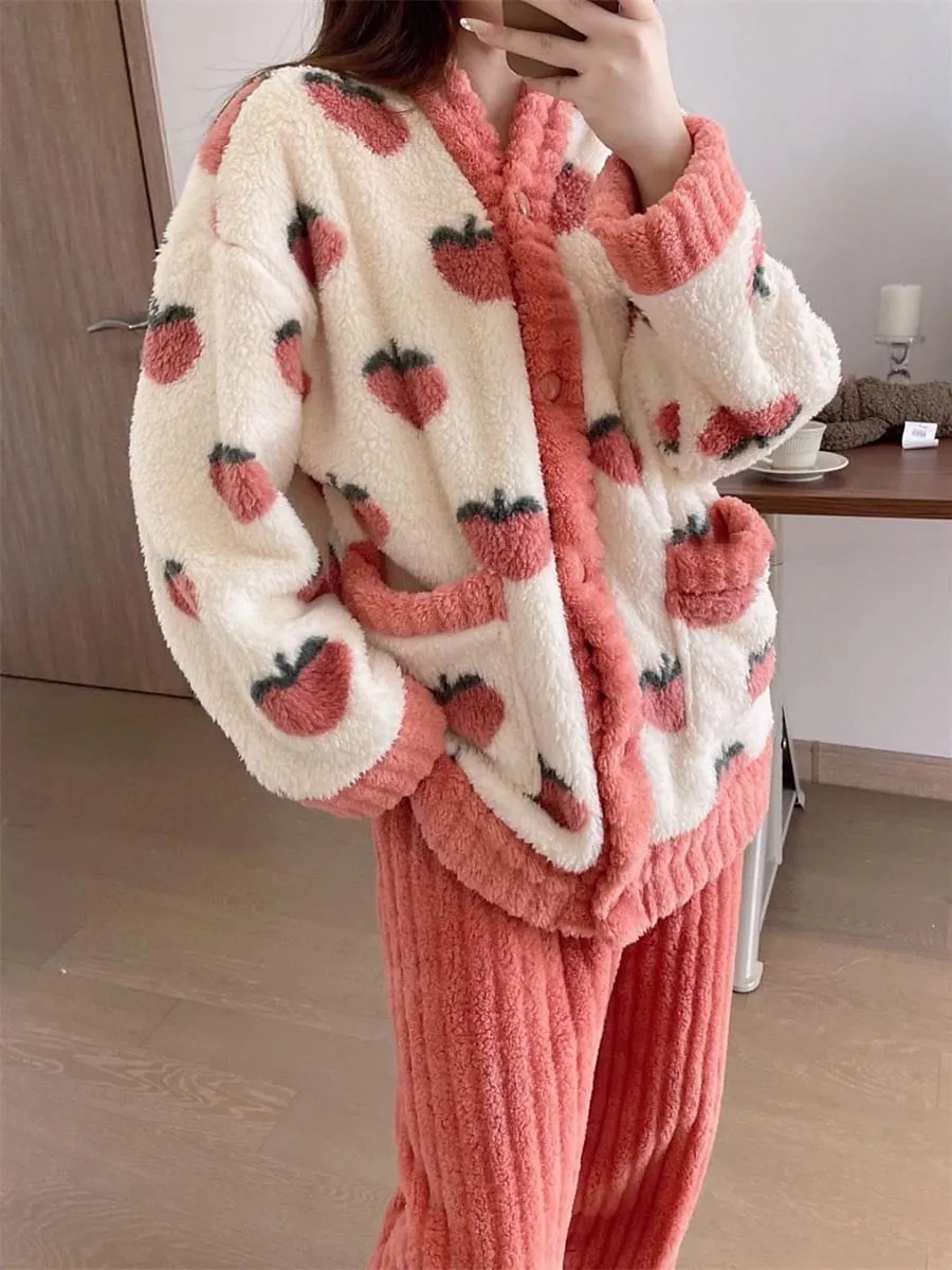 Warm and Cozy Fruit Fashion Fleece Pajama Set Ensemble for Women