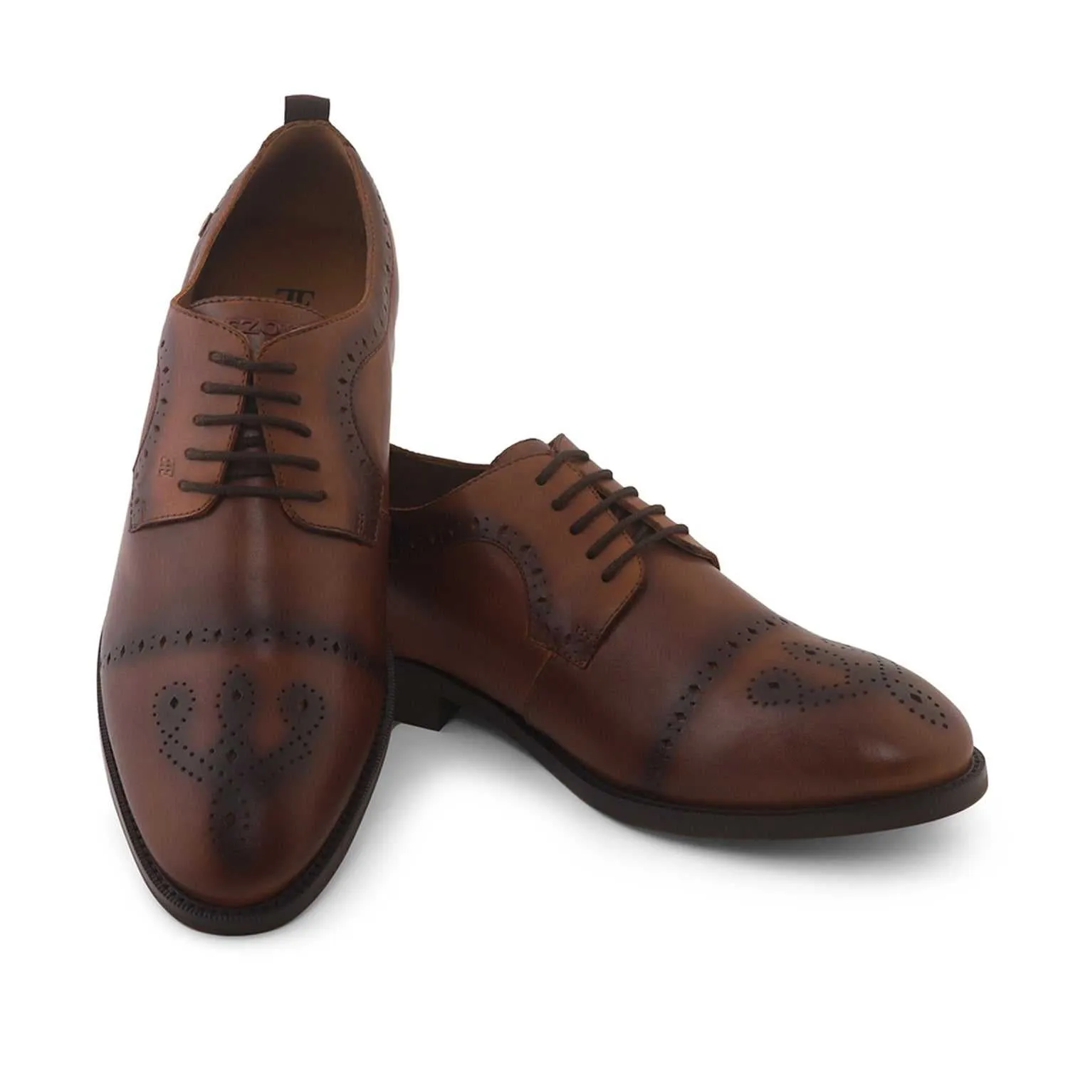 Ezok Men Tan Burnish Finish Perforated Leather Derby Shoes