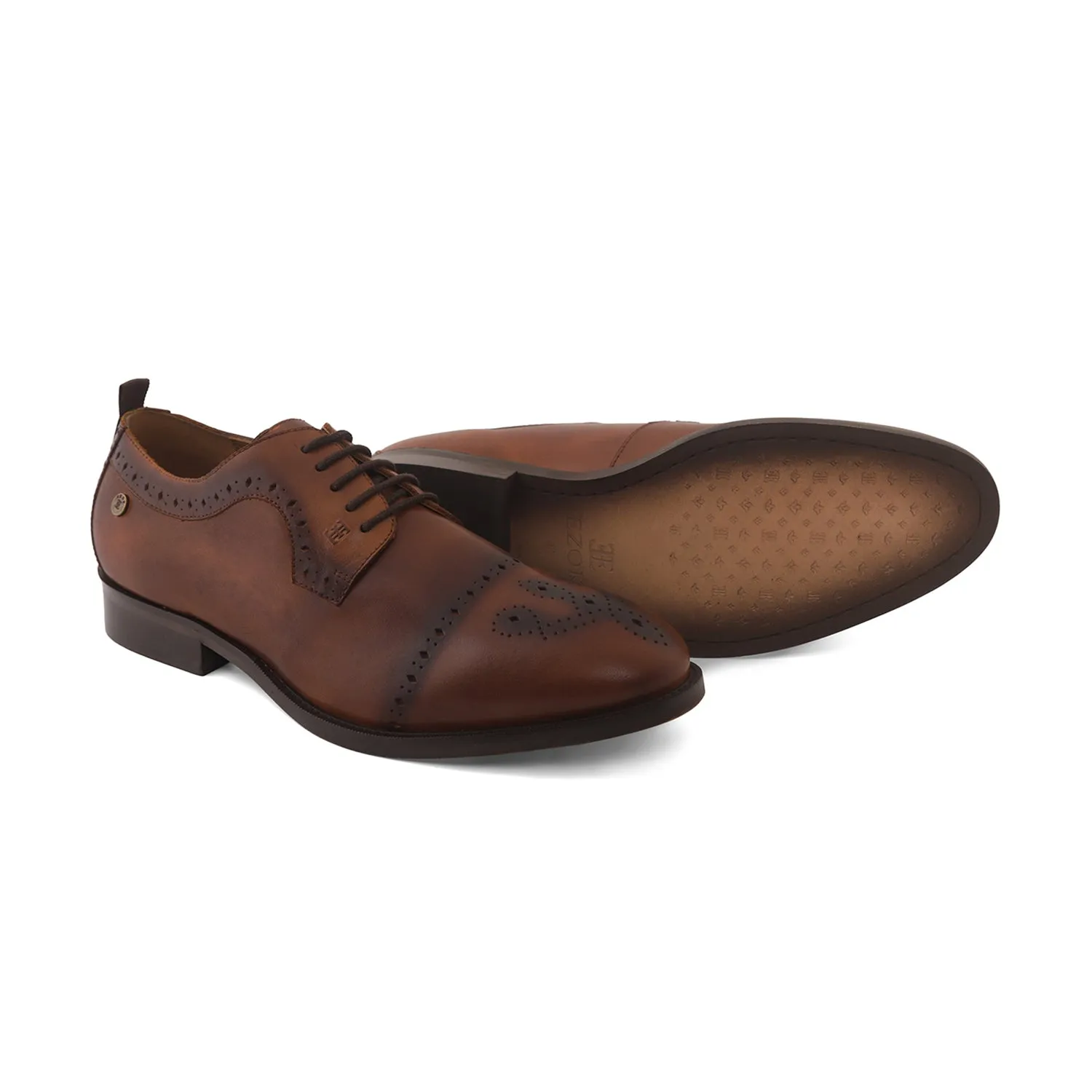 Ezok Men Tan Burnish Finish Perforated Leather Derby Shoes