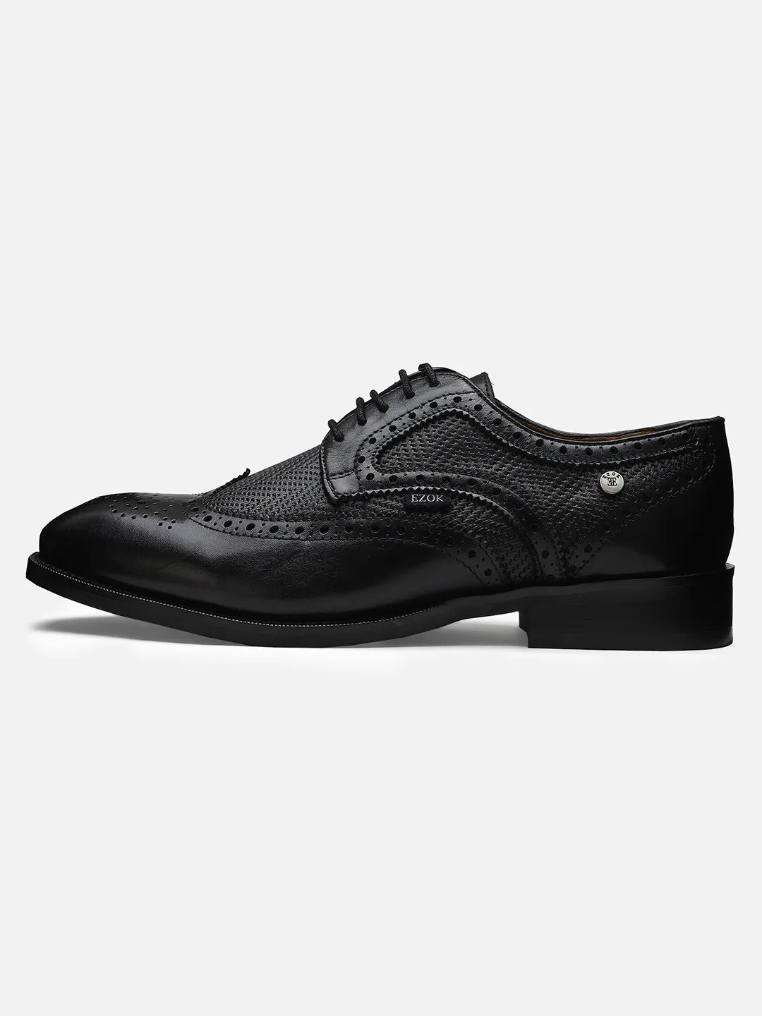 Ezok Men Black Perforated Leather Shoes