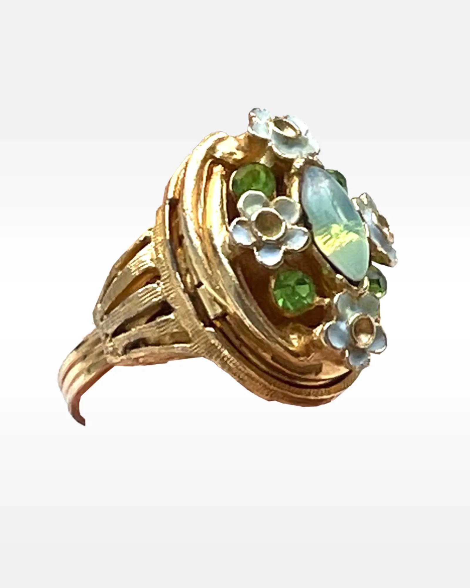 Florenza Gold Metal Green Rhinestone and Blue Enamel Locket Ring