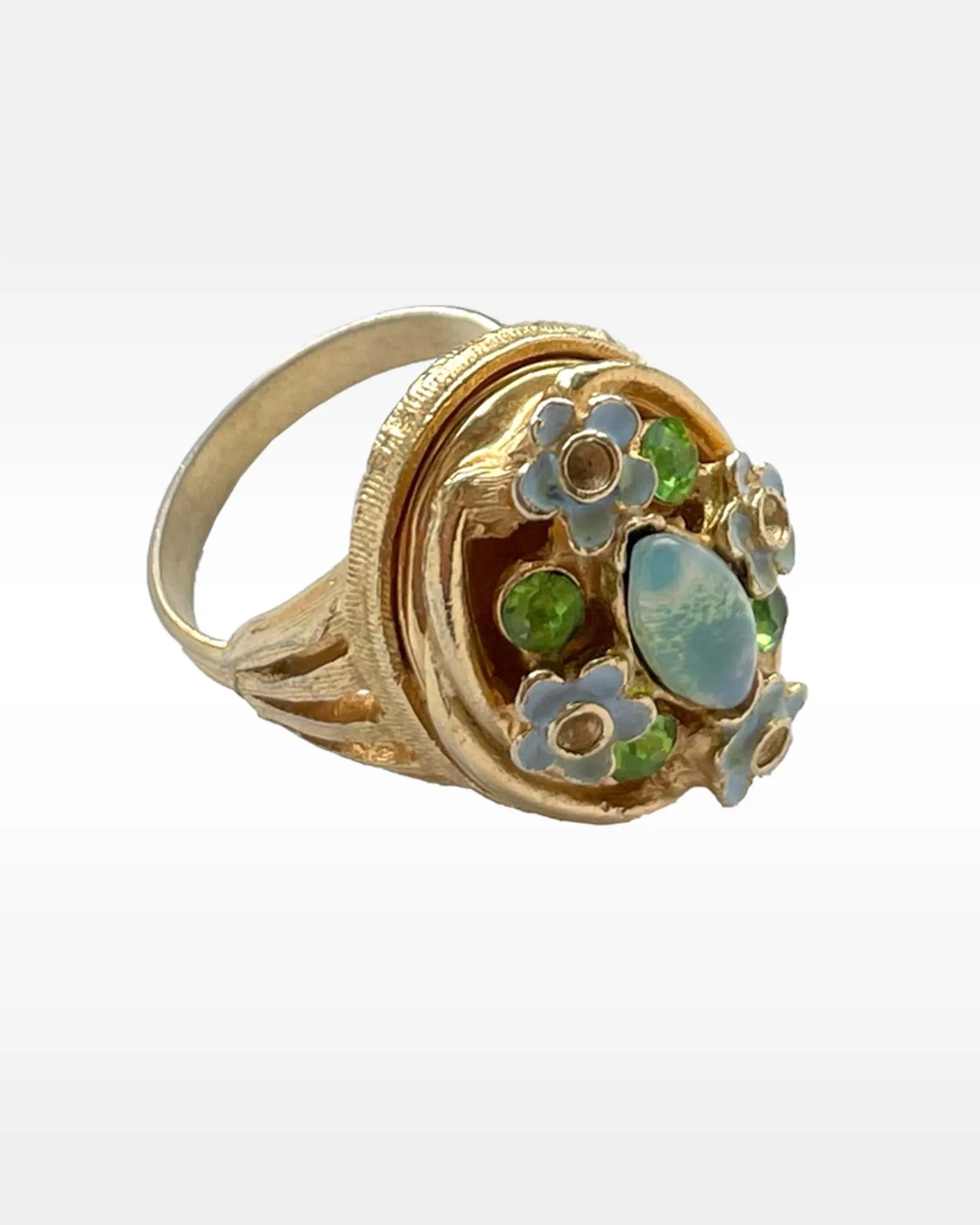 Florenza Gold Metal Green Rhinestone and Blue Enamel Locket Ring