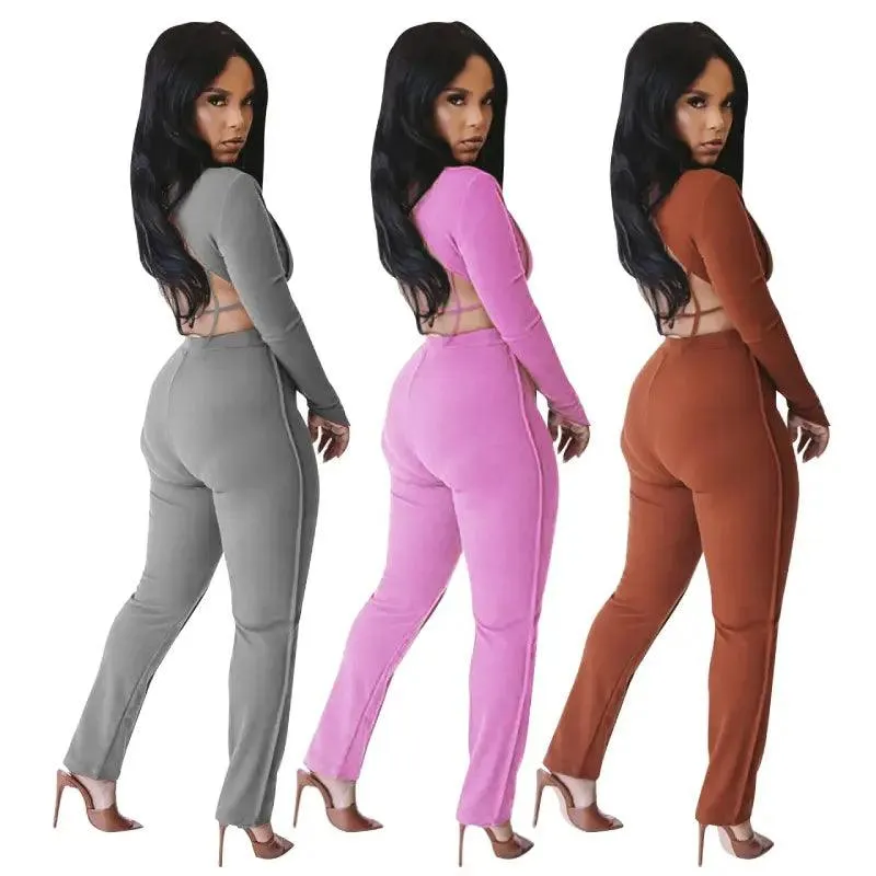 Fashion Women Two Piece Set Backless Cross Bangdage Crop Top   Long Pants Tracksuit Jogging Femme Outfits Winter Sportwear