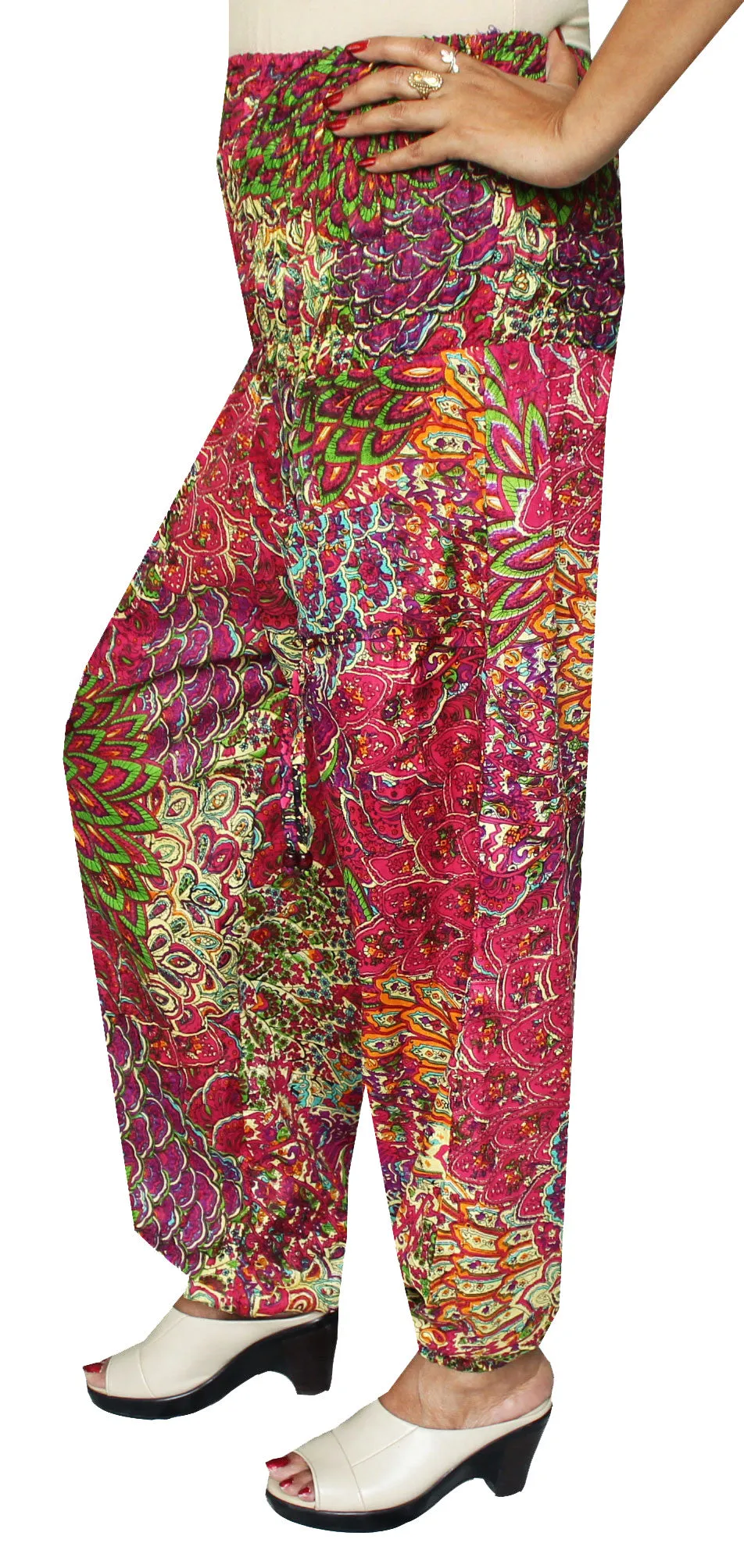 Rayon Womens Smocked Waist Hippie Harem Pants (Pink)