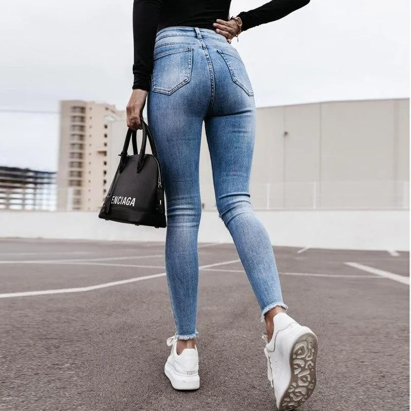 Women Casual Tassel Hole Denim Pants Sexy High Waist Slim Pencil Cow