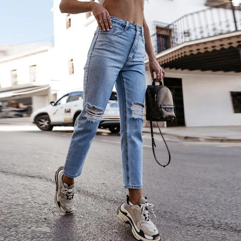 Women Casual Tassel Hole Denim Pants Sexy High Waist Slim Pencil Cow