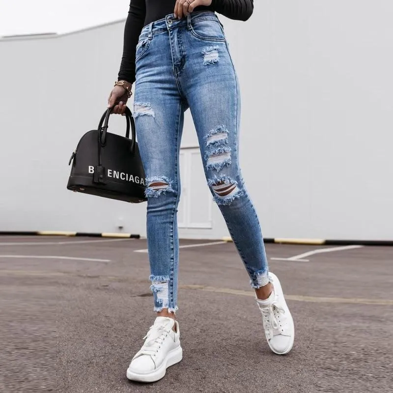 Women Casual Tassel Hole Denim Pants Sexy High Waist Slim Pencil Cow