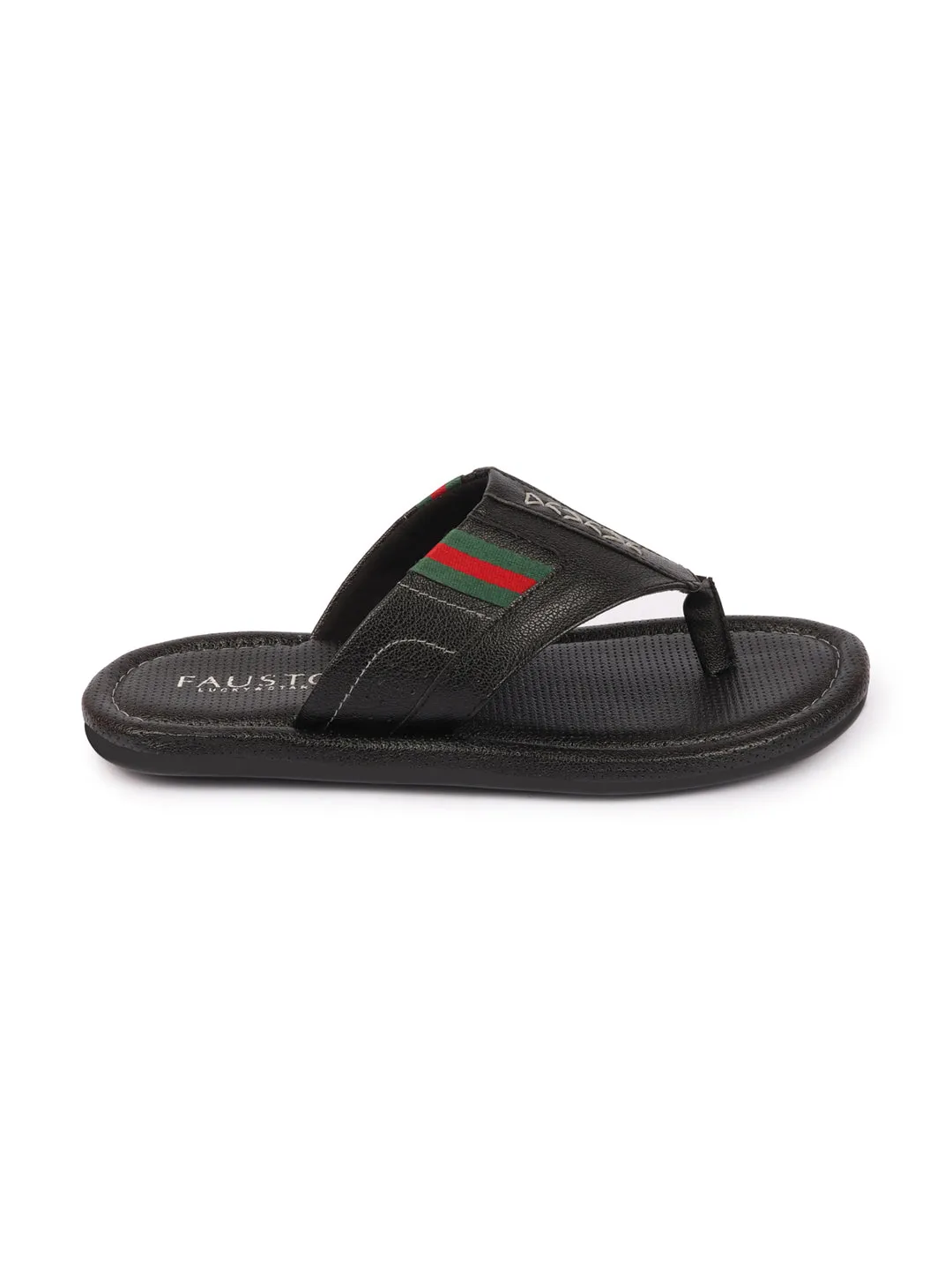 Men Black Colored Strip Design Indoor Outdoor Thong Slipper Sandals