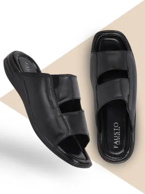 Men Black Leather Outdoor Lightweight Cushioned Slip On Slippers