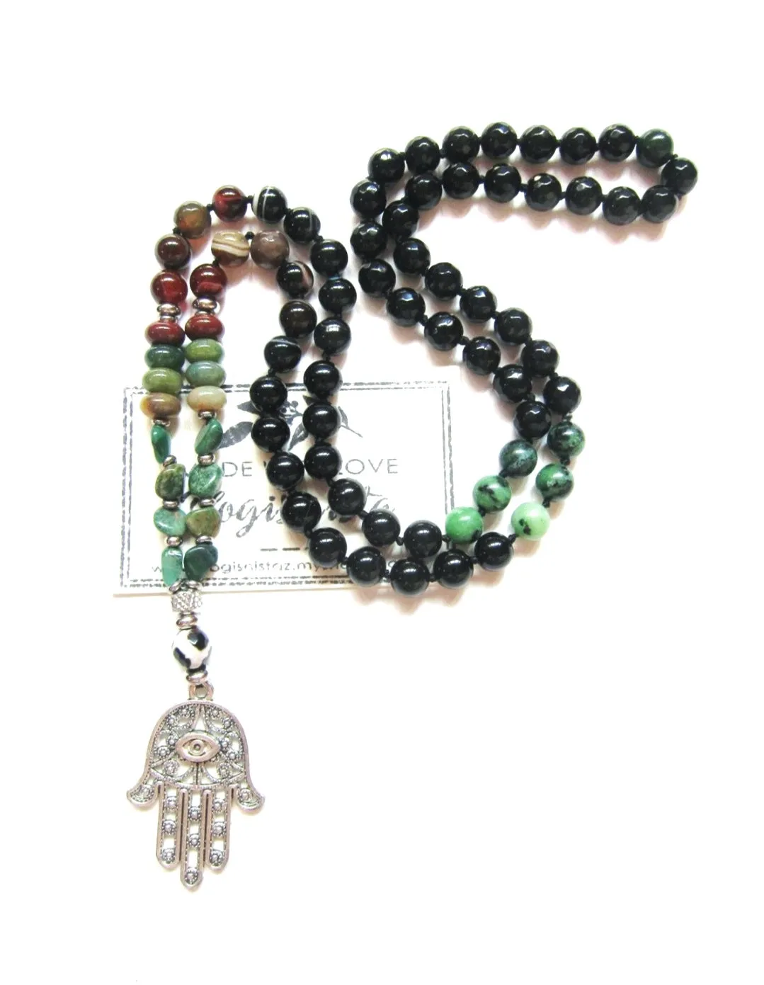 SALE - Abundance, Grounding & Protection Mala in Hamsa Pendant Necklace for Him or Her