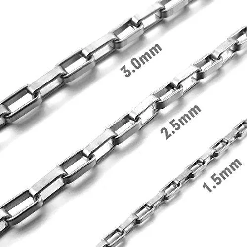 Men's 1.5mm Wide Stainless Steel Necklace Chain Link Silver Tone Rectangular Box 14~40 Inch