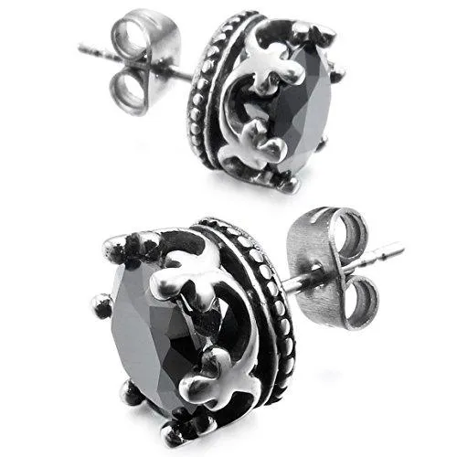 Men's 2 PCS Stainless Steel Stud Earrings CZ Silver Tone Black Royal King Crown Set