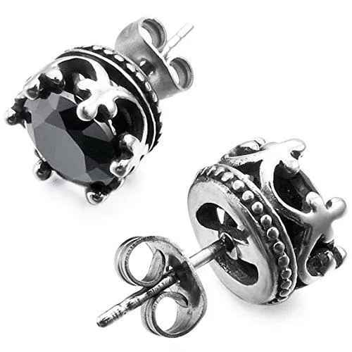 Men's 2 PCS Stainless Steel Stud Earrings CZ Silver Tone Black Royal King Crown Set