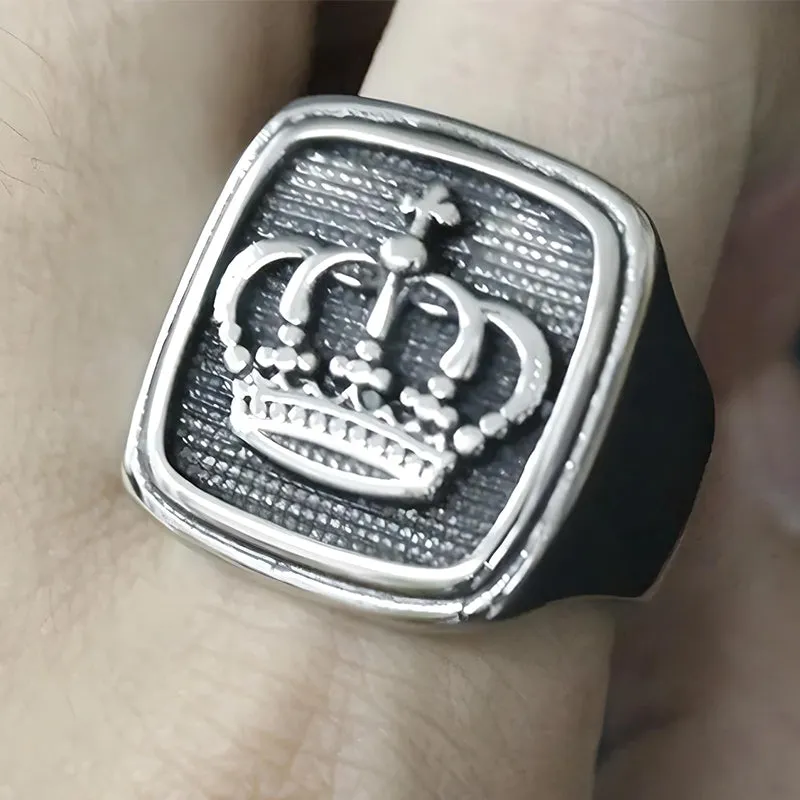 Mens Vintage Silver 316L Stainless Steel Kings Crown Ring - Regal Design with Durable Finish