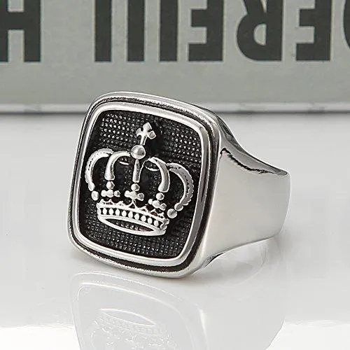 Mens Vintage Silver 316L Stainless Steel Kings Crown Ring - Regal Design with Durable Finish