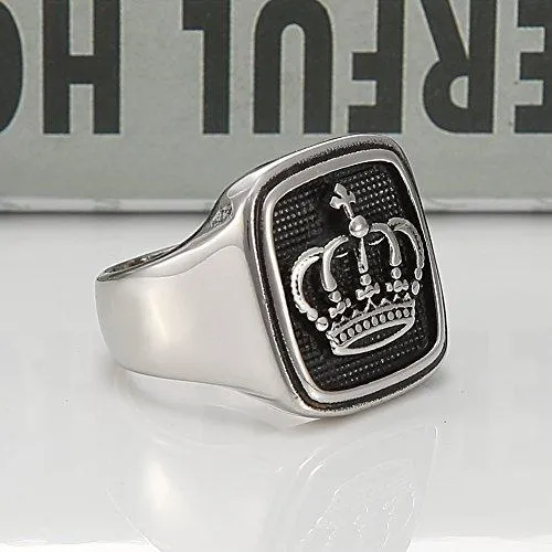 Mens Vintage Silver 316L Stainless Steel Kings Crown Ring - Regal Design with Durable Finish