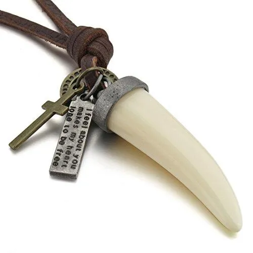 Men's Alloy Genuine Leather Pendant Necklace Silver Tone White Wolf Tooth Cross Adjustable 16~26 Inch Chain