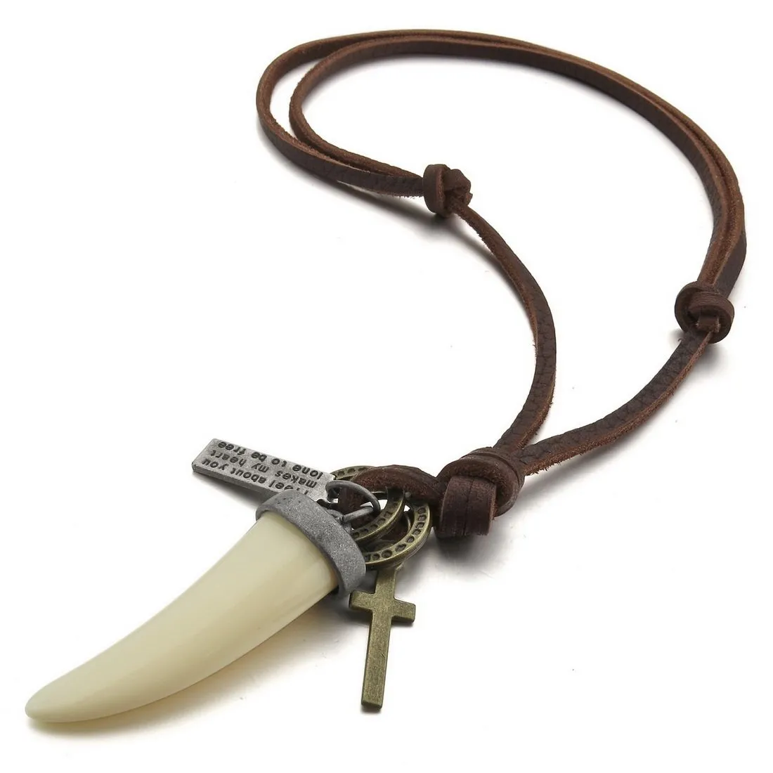 Men's Alloy Genuine Leather Pendant Necklace Silver Tone White Wolf Tooth Cross Adjustable 16~26 Inch Chain