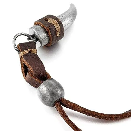 Men's Alloy Genuine Leather Pendant Necklace Silver Tone Wolf Tooth Adjustable