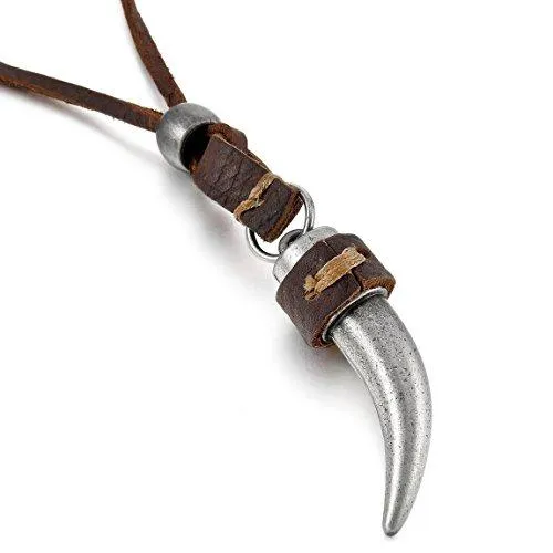 Men's Alloy Genuine Leather Pendant Necklace Silver Tone Wolf Tooth Adjustable