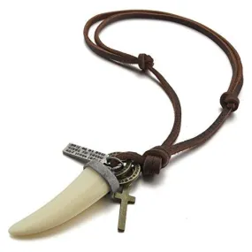 Men's Alloy Genuine Leather Pendant Necklace Silver Tone White Wolf Tooth Cross Adjustable 16~26 Inch Chain