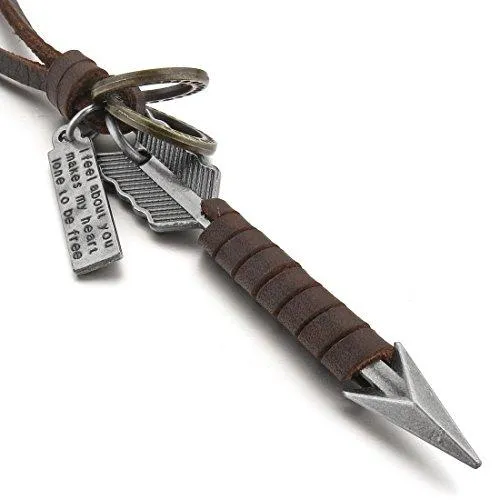 Men's Alloy Leather Arrow Vintage Pendant Necklace with Chain, Brown Silver Tone