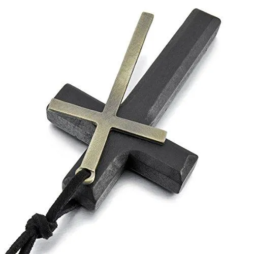 Men's Alloy Leather Wood Pendant Necklace Black Gold Tone Cross Ring Adjustable