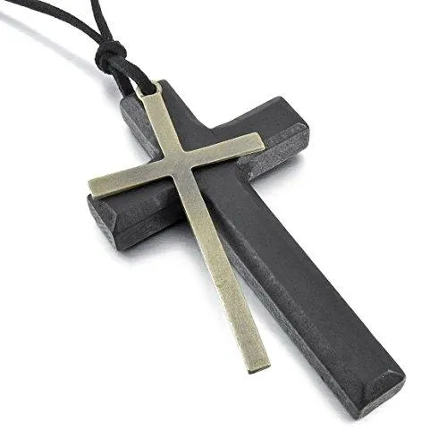 Men's Alloy Leather Wood Pendant Necklace Black Gold Tone Cross Ring Adjustable