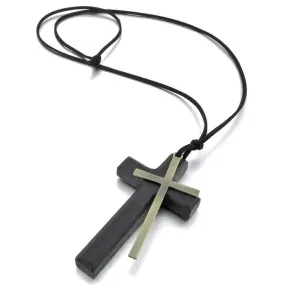 Men's Alloy Leather Wood Pendant Necklace Black Gold Tone Cross Ring Adjustable