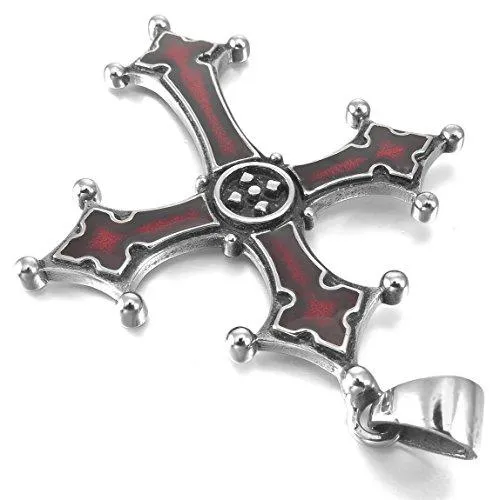 Men's Stainless Steel Enamel Pendant Necklace Silver Tone Red Celtic Medieval Cross -With 22 Inch Chain