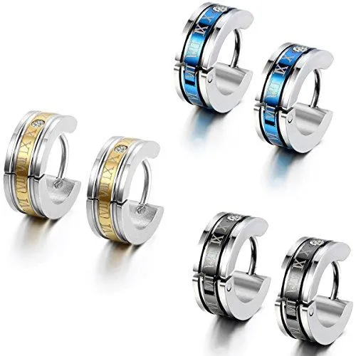 Men's Stainless Steel Engraved Roman Numerals Classic Polished Stud Hoop Huggie Earrings Gold Black Blue