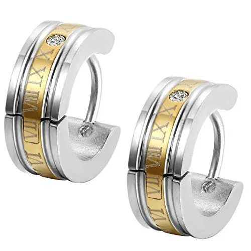 Men's Stainless Steel Engraved Roman Numerals Classic Polished Stud Hoop Huggie Earrings Gold Black Blue