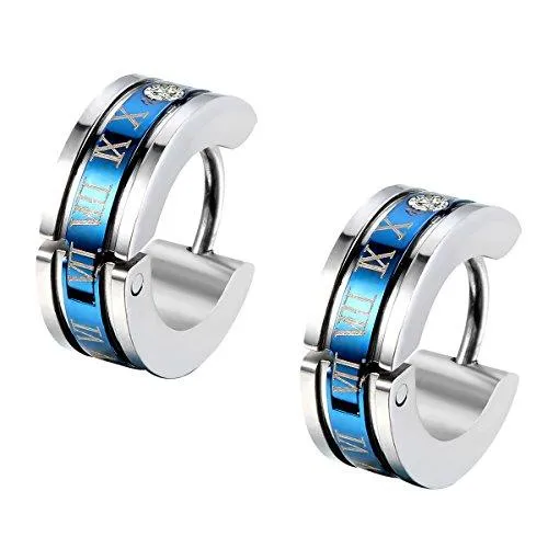 Men's Stainless Steel Engraved Roman Numerals Classic Polished Stud Hoop Huggie Earrings Gold Black Blue