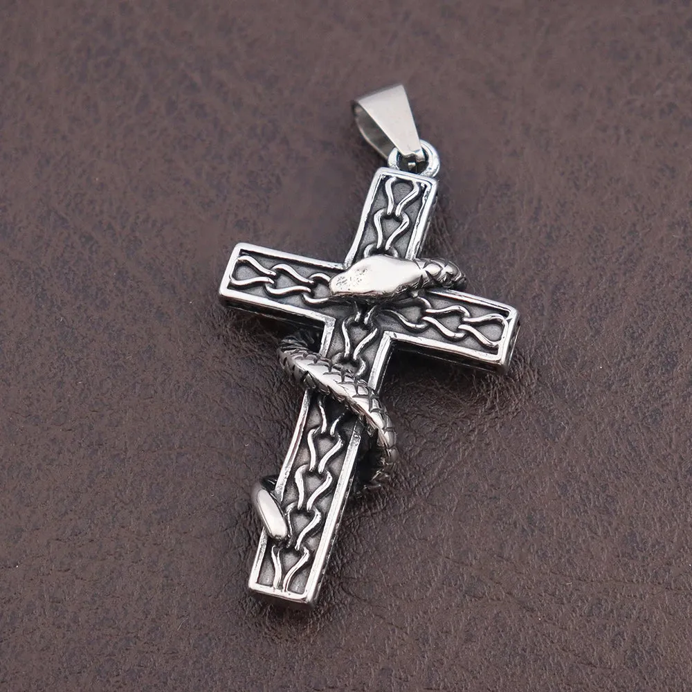 Men's Stainless Steel Pendant Necklace Silver Tone Black Cobra Snake Cross