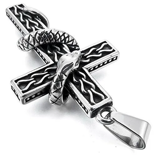 Men's Stainless Steel Pendant Necklace Silver Tone Black Cobra Snake Cross