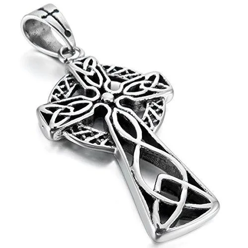 Men's Stainless Steel Pendant Necklace Silver Tone Cross Irish Celtic Knot -With 24 Inch Chain