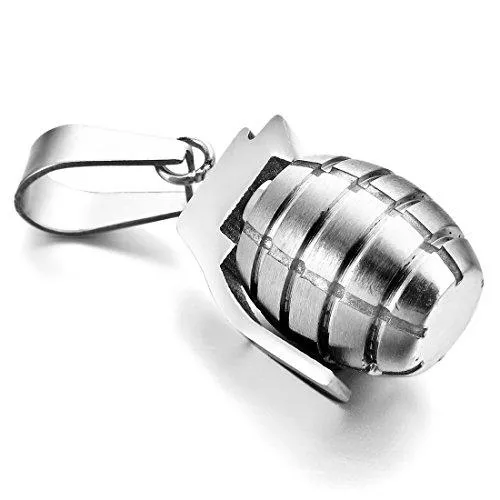 Men's Stainless Steel Pendant Necklace Silver Tone Grenade with 24inch Chain