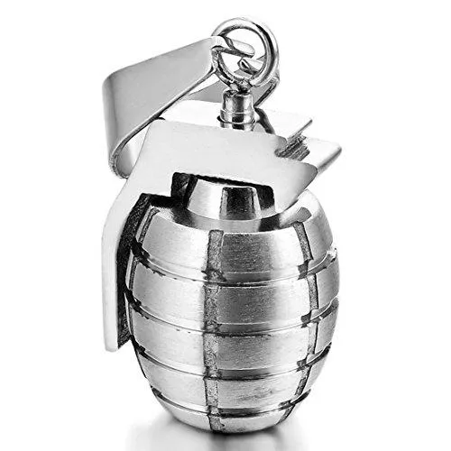 Men's Stainless Steel Pendant Necklace Silver Tone Grenade with 24inch Chain