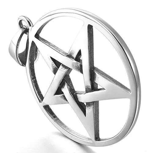 Men's Stainless Steel Pendant Necklace Silver Tone Pentagram Pentacle Star -With 23 Inch Chain