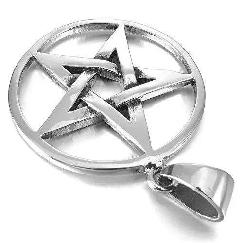 Men's Stainless Steel Pendant Necklace Silver Tone Pentagram Pentacle Star -With 23 Inch Chain