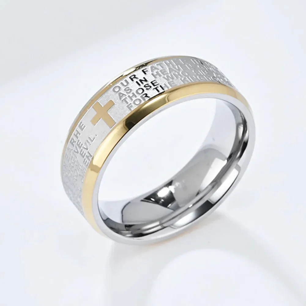 Men's Stainless Steel Ring Band Silver Gold Tone Bible Lords Prayer Cross Wedding