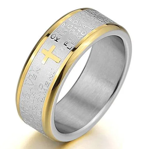 Men's Stainless Steel Ring Band Silver Gold Tone Bible Lords Prayer Cross Wedding